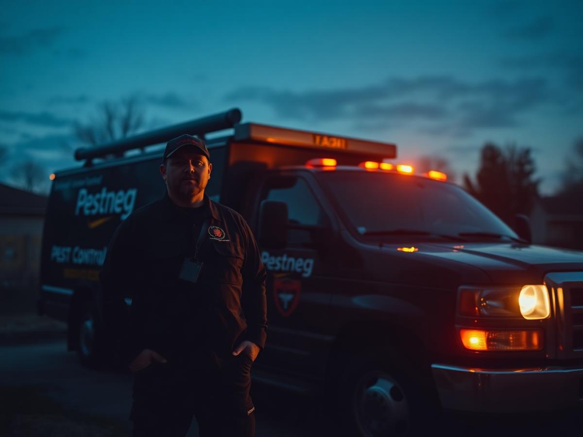 Pest control technician beside a service vehicle